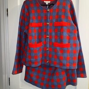 Checkered Red & blue Skirt Set - Classic Button Jacket